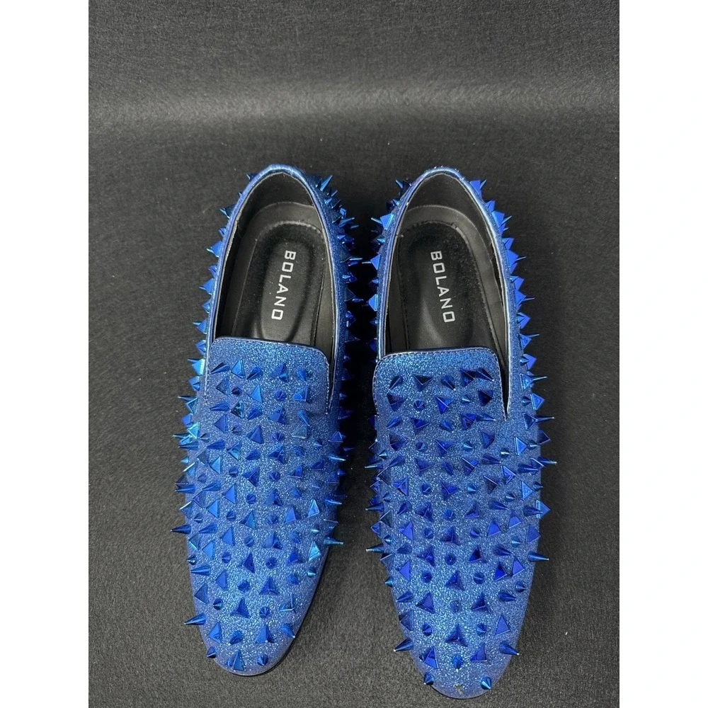 Bolano Mens Blue Spiked Loafers Glitter Studded Slip On Dress Shoes Size 10.5